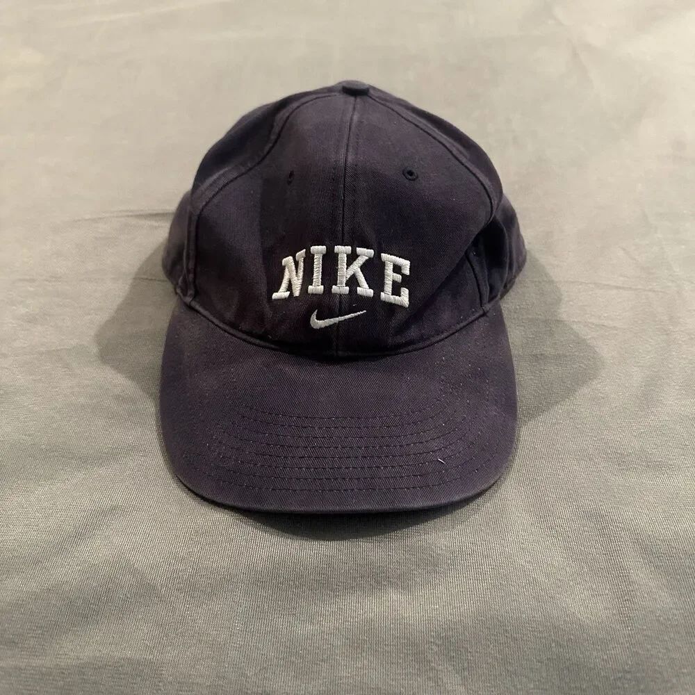 Vintage 90s Nike Baseball Cap Strapback Hat Spellout Swoosh Navy Blue Cotton